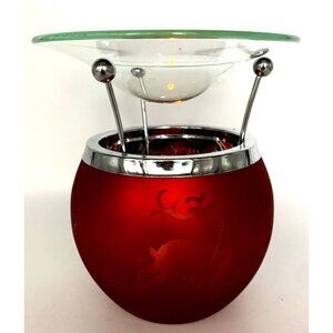 Slatkin & Co Dancing Tealight Oil Warmer Frosted Reindeer Red Glass 5" Tall
